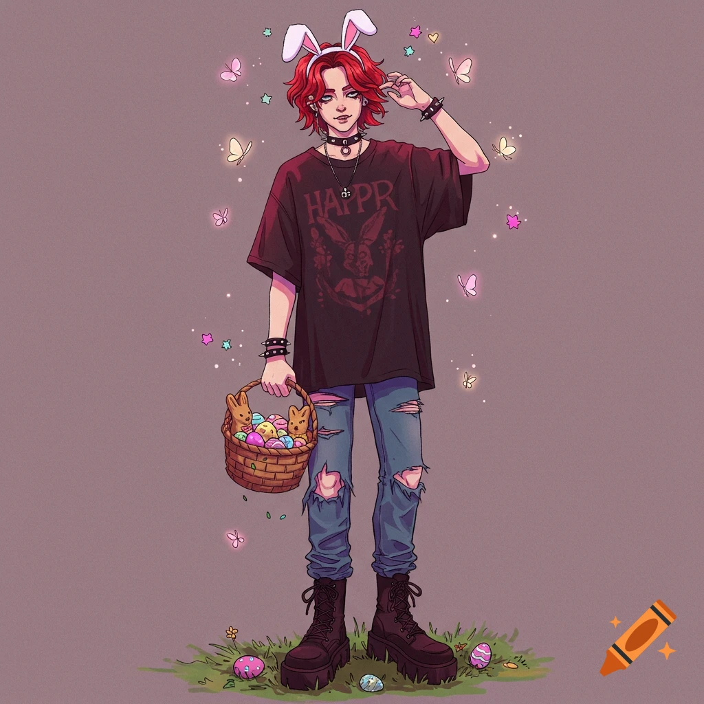 Digital illustration of a person with red hair and bunny ears in alt fashion holding an Easter basket.