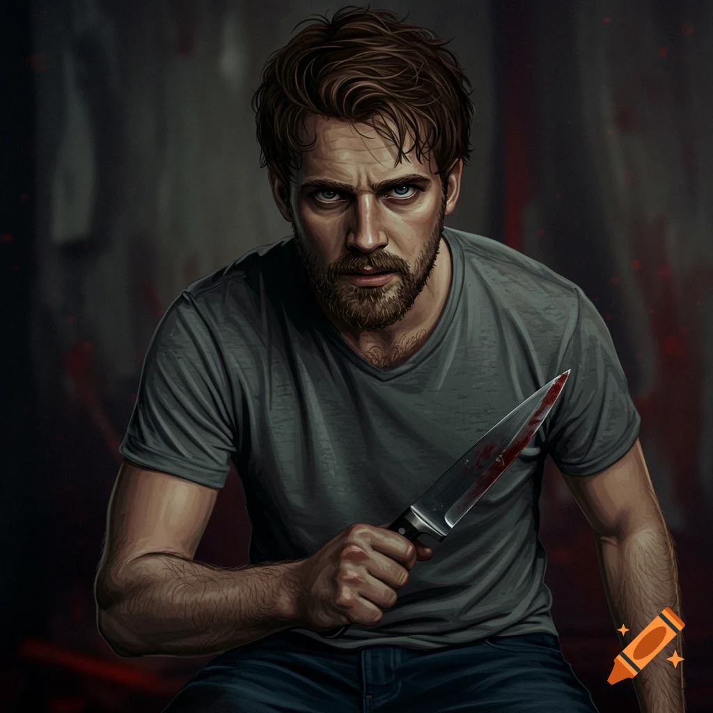 A man holds a bloodied knife, an intense expression on his face.