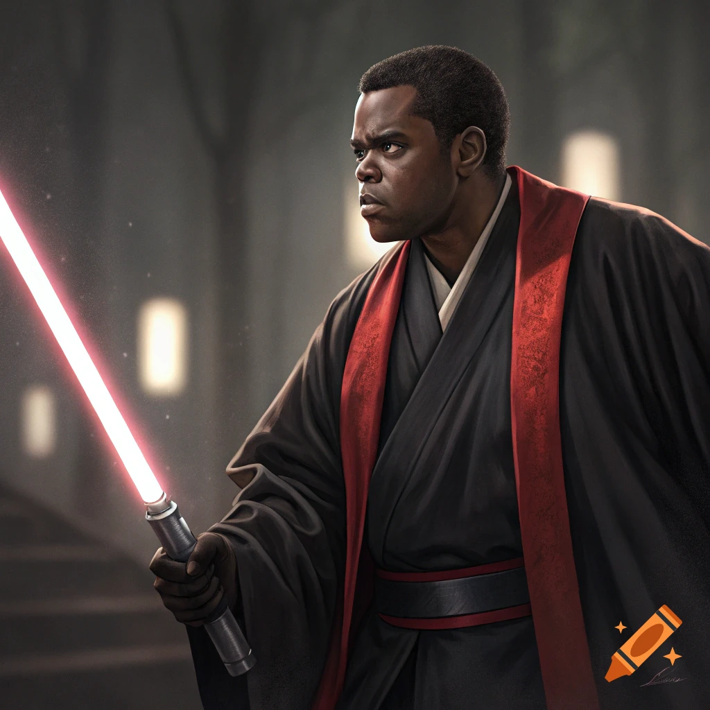 A person in a black robe with red trim holds a glowing red lightsaber in a corridor.