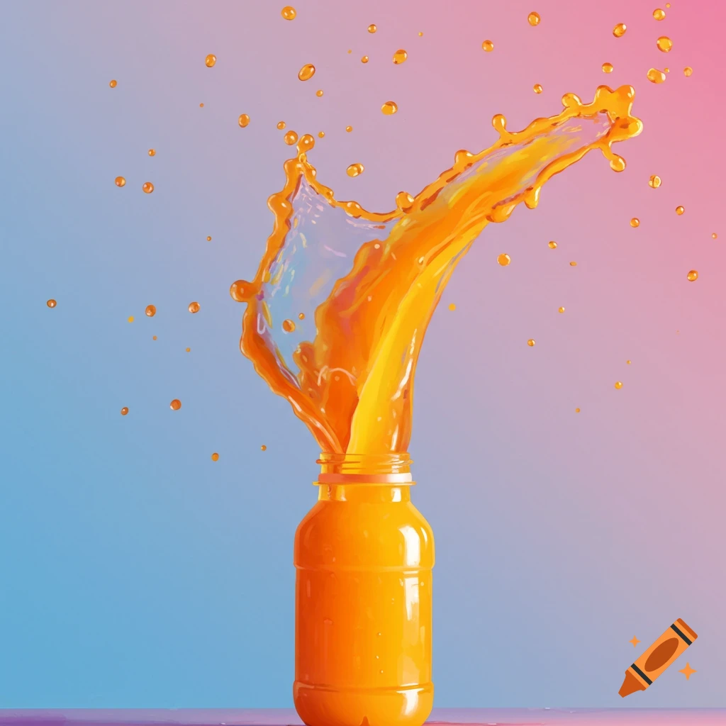 An orange liquid splashes from a bottle against a pink and blue background.