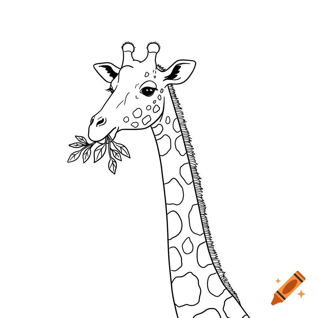 Black and white outline illustration of a friendly giraffe eating leaves