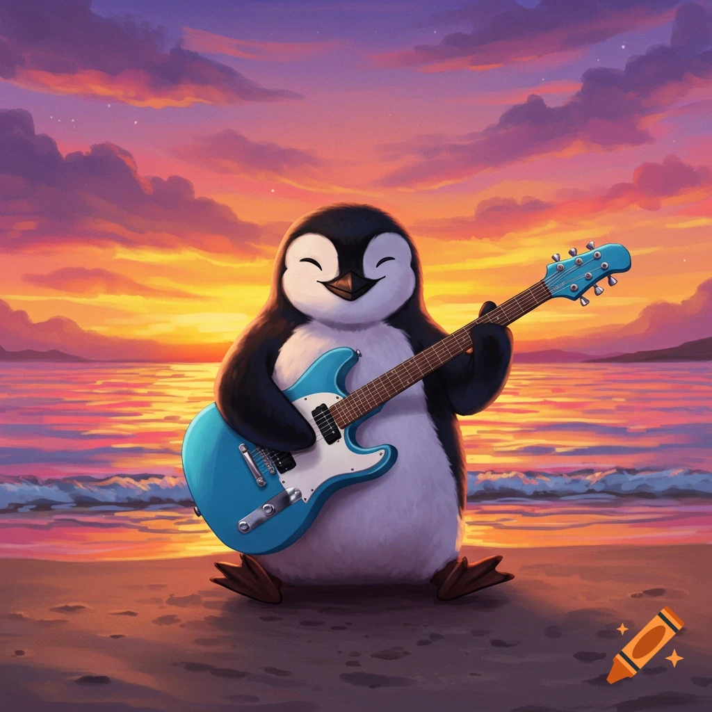 Cartoon penguin playing an electric guitar on a beach at sunset.