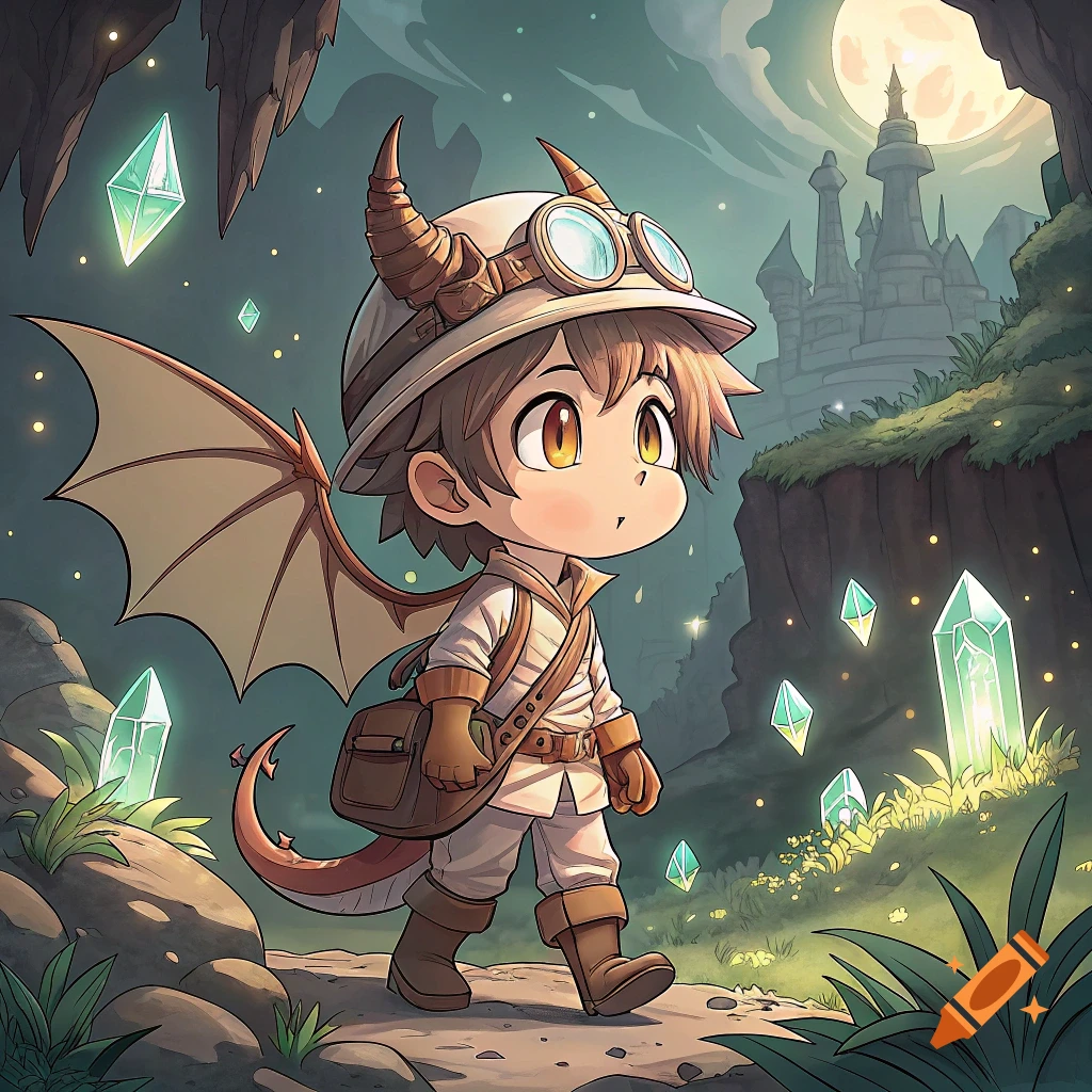 Cute chibi dragon adventurer walking on a path in a fantasy cave with crystals and a castle in the background, anime style.