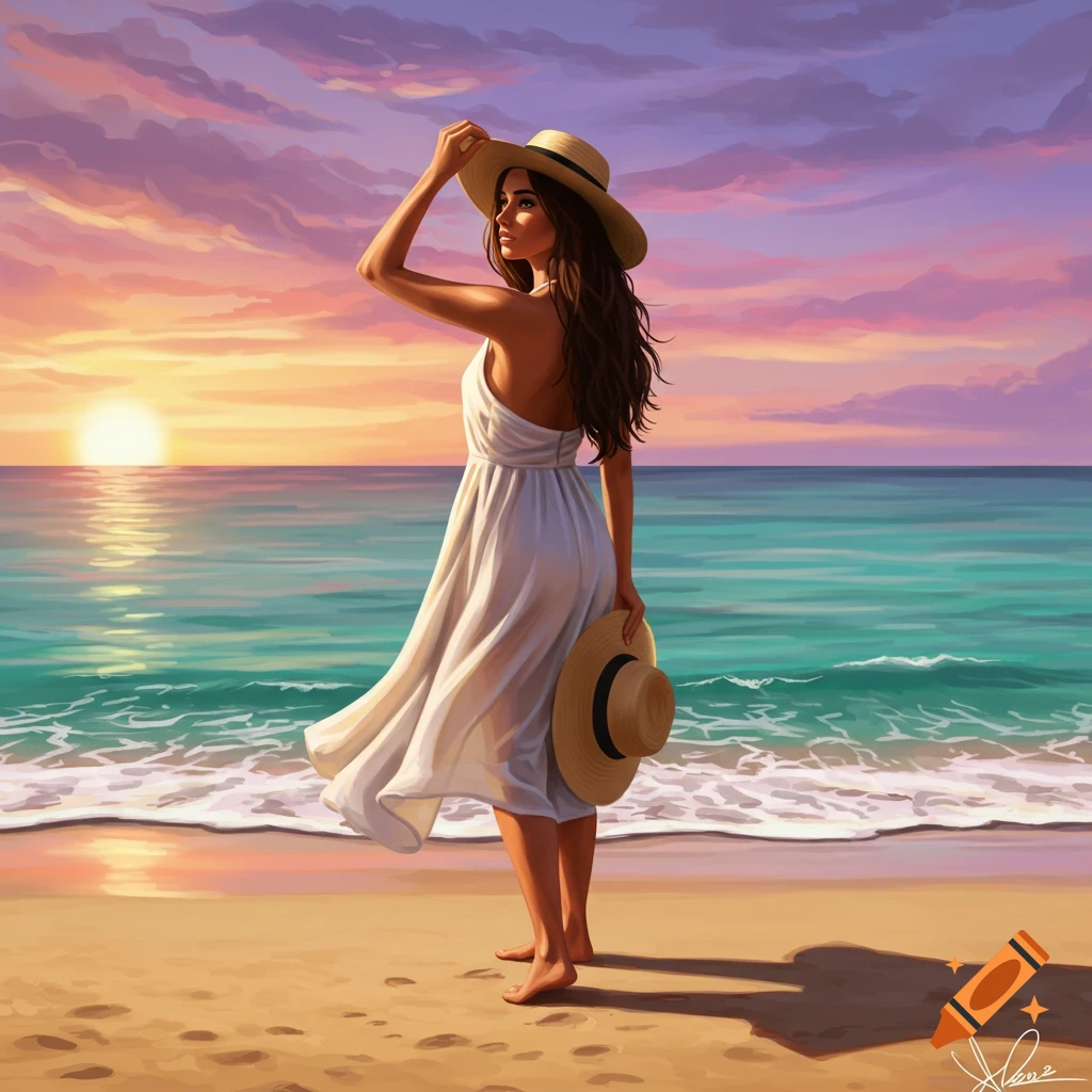 A woman in a white dress stands on a beach at sunset.