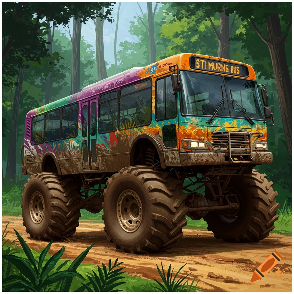 A mud-covered monster truck bus sits in a forest.