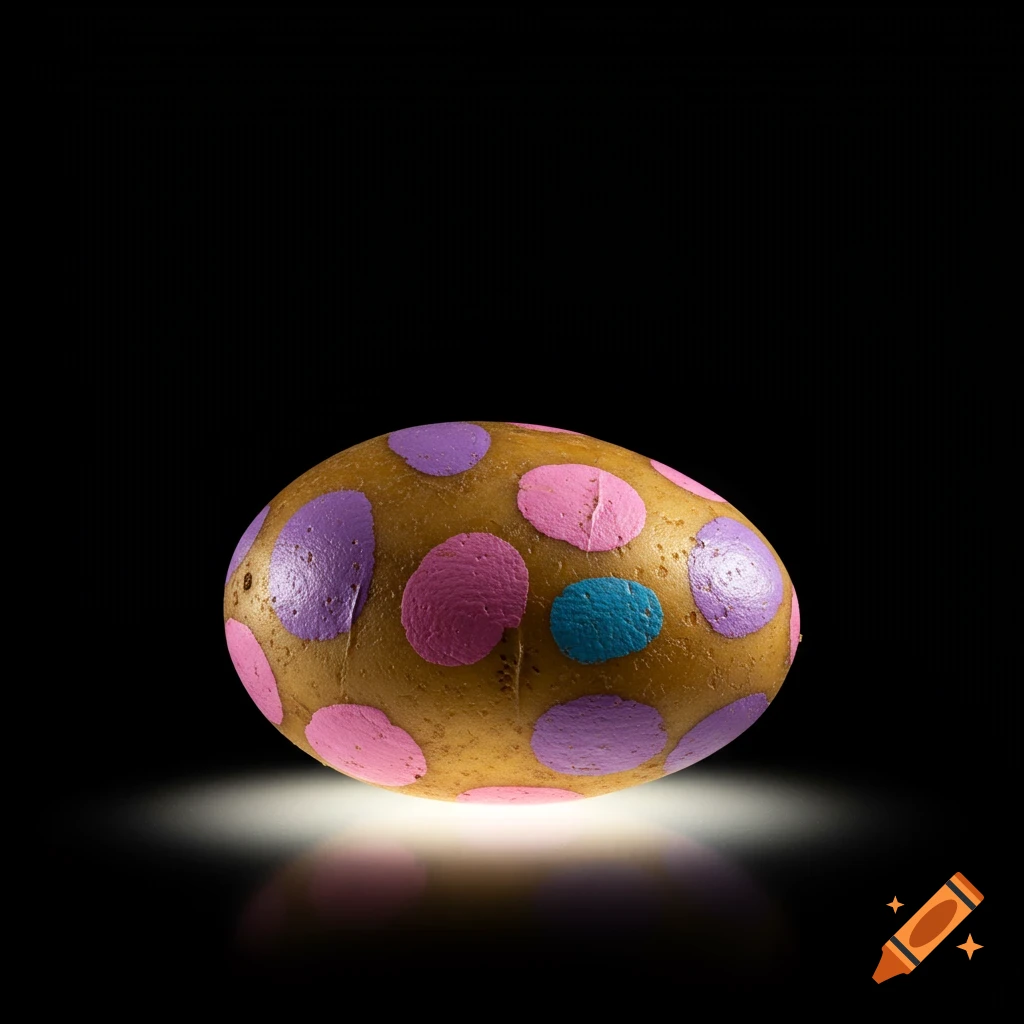 A potato painted like an Easter egg with purple, pink, and blue polka dots, lit from below on a black background.