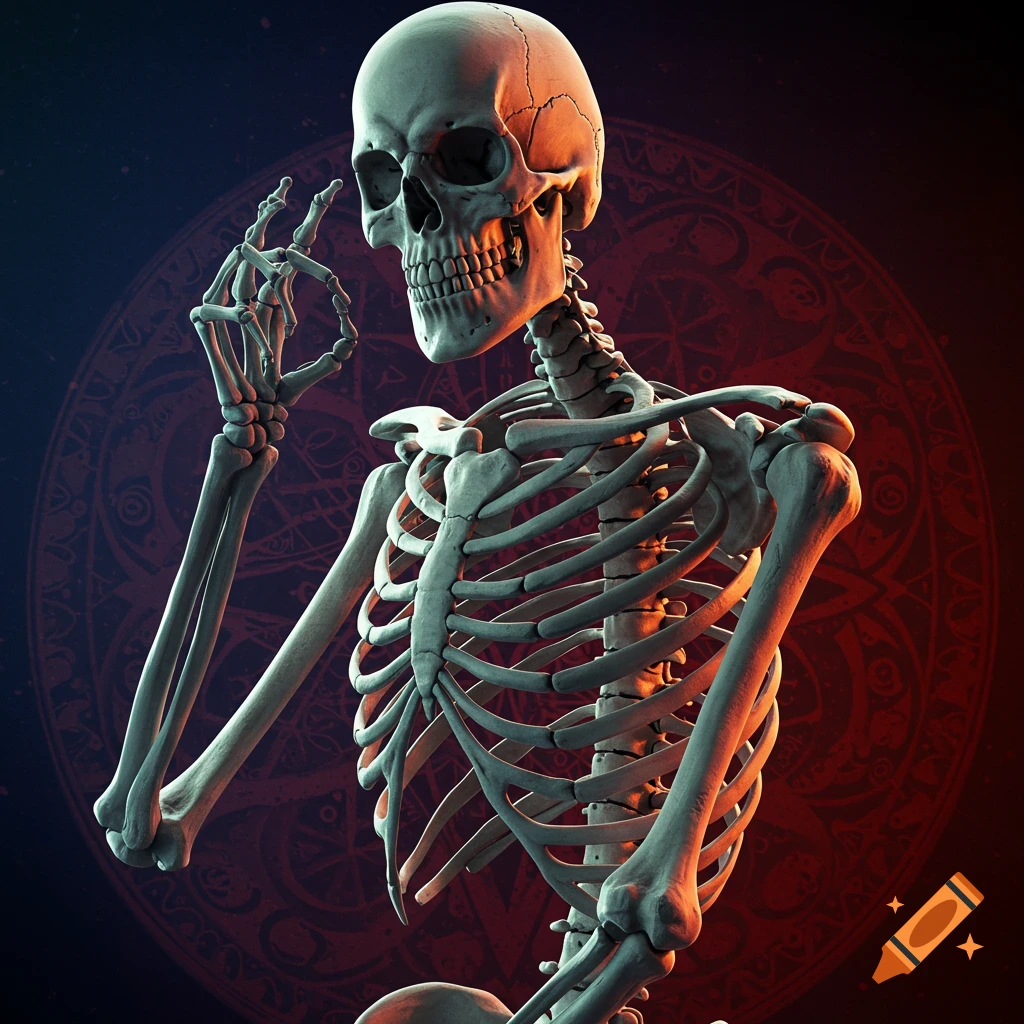A skeleton poses in front of a mystical circular symbol.