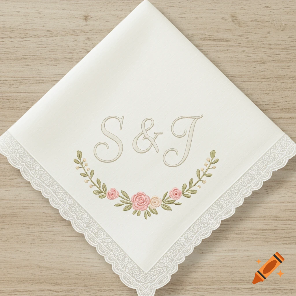 White handkerchief with embroidered S & J initials, floral wreath, and lace trim on wood background