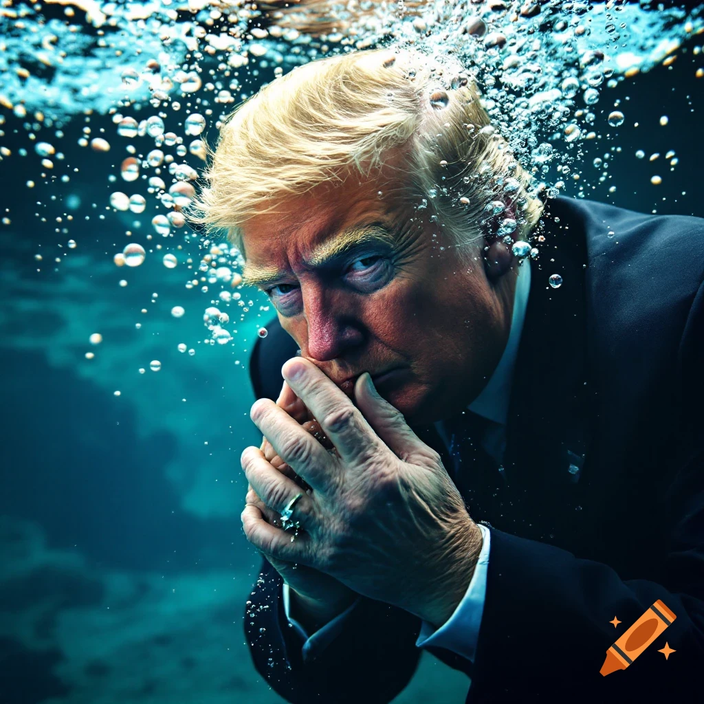 Donald Trump holding his nose while submerged underwater, bubbles around his head.