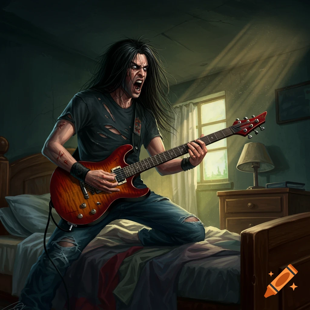 A heavy metal guitarist aggressively playing a guitar on a bed in a bedroom.