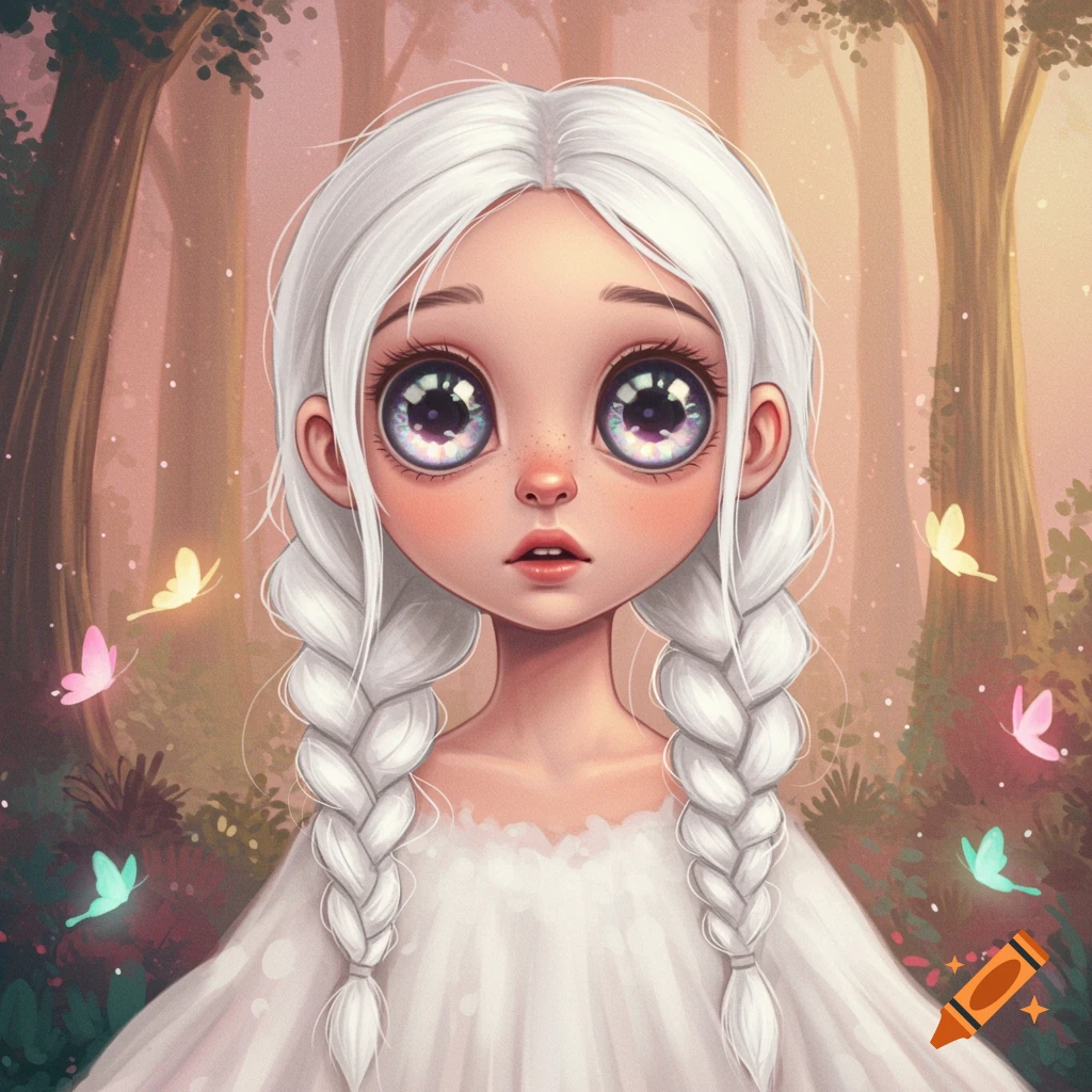 A stylized girl with white braids and large eyes is in a forest with butterflies.