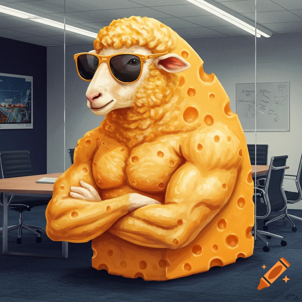 A sheep made of cheese with muscles and sunglasses stands in an office.