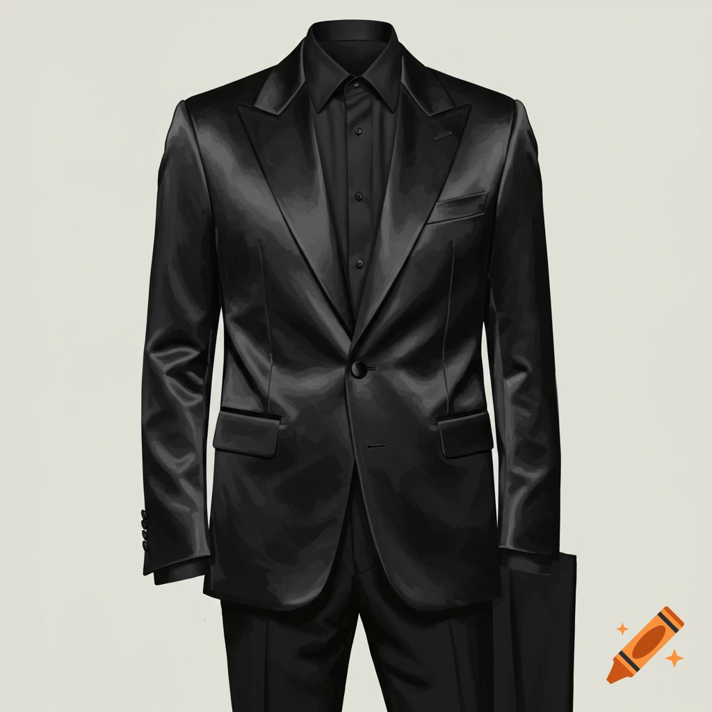 A black satin tuxedo blazer, black shirt, and black pants.