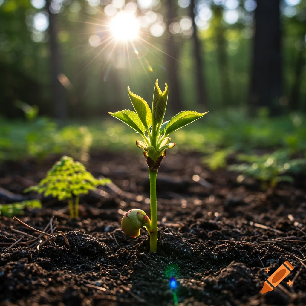 Photorealistic image of a cherry seedling emerging from soil with sunlight streaming through trees in the background.