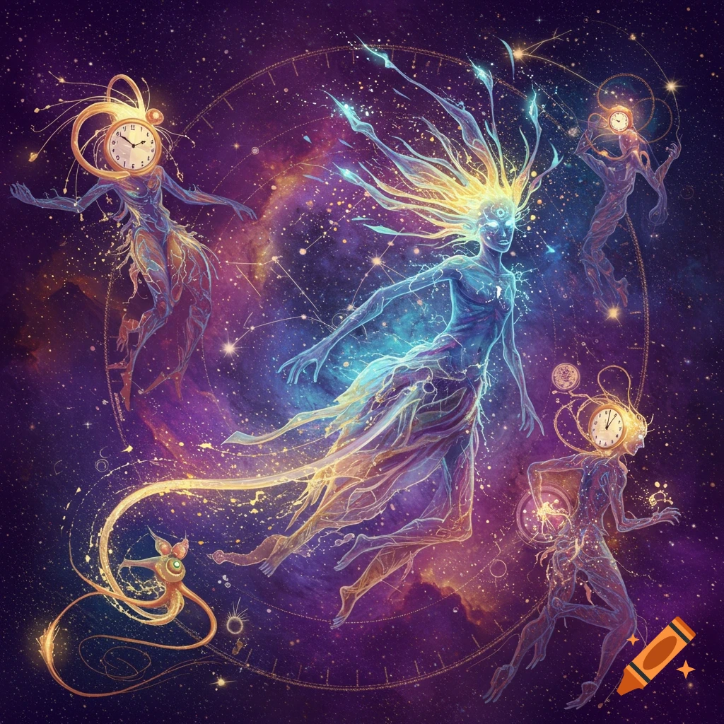 Ethereal clockwork figures float in a swirling cosmic sky.