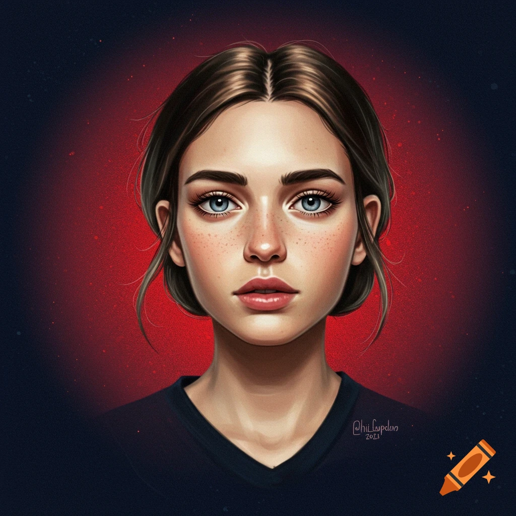 Portrait of a woman with brown hair, blue eyes, and freckles against a dark background with a red glow.