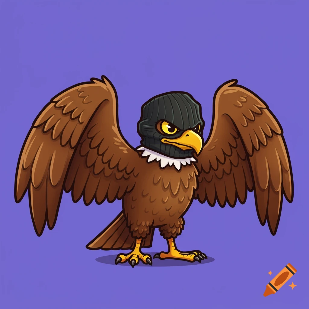 A cartoon eagle wearing a black ski mask stands on a purple background.