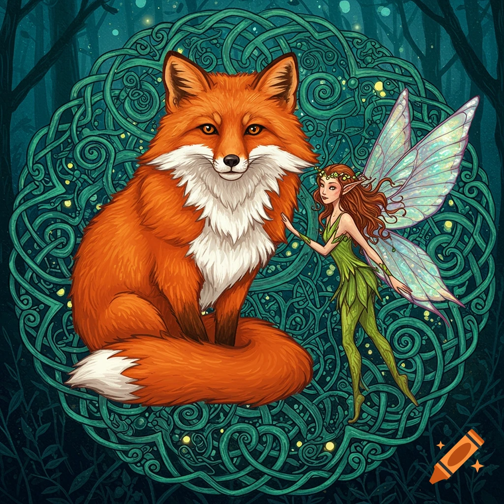 A red fox and a fairy with transparent wings are in a forest setting with a large green Celtic knot behind them.