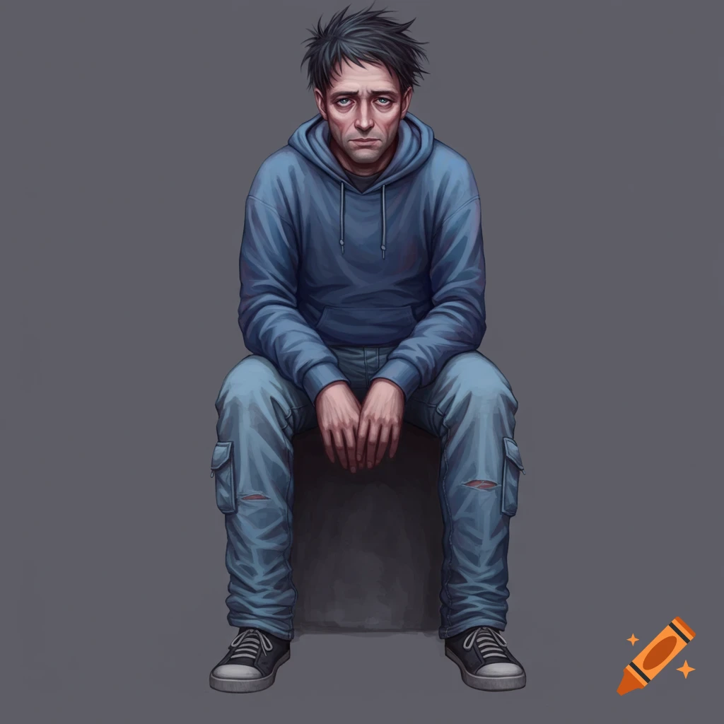 A man in a blue hoodie and ripped jeans is sitting, looking weary.