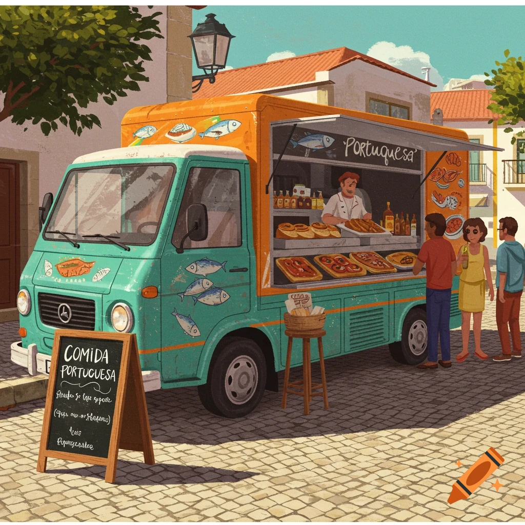 A Portuguese food truck on a street with customers.