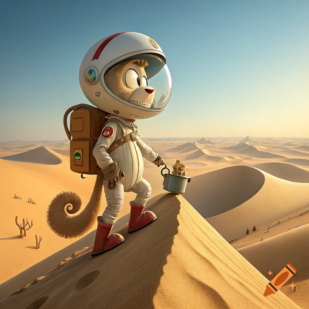 Cartoon cat in astronaut suit climbs sand dune, holding a bucket.