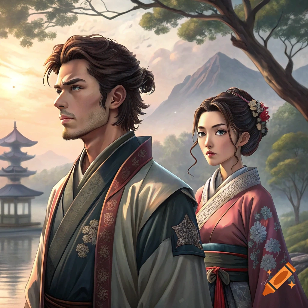 An anime illustration of a man and woman in traditional Japanese clothes standing by a lake with a pagoda and mountains.