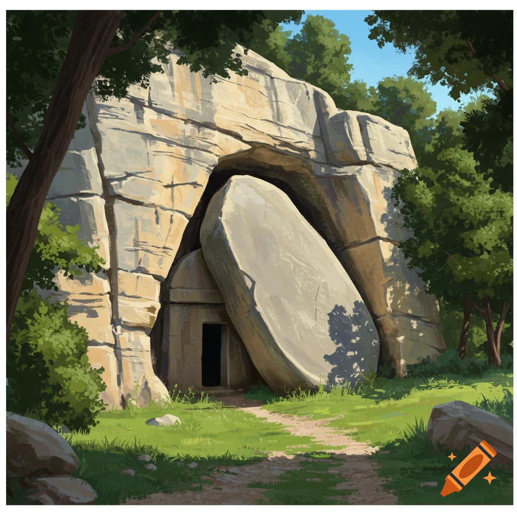 A cave tomb entrance covered by a large stone, surrounded by trees and rocks, with a path leading to it.