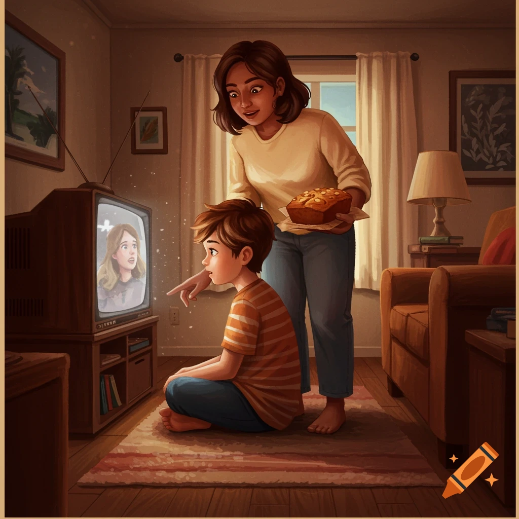 Mother and son watch TV together in a cozy living room.