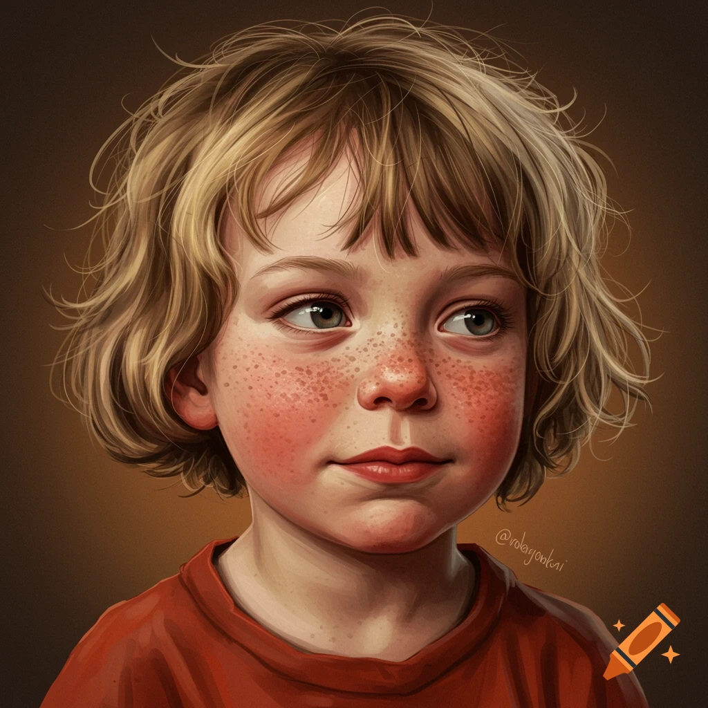 A portrait of a young boy with freckles and messy blond hair wearing a red shirt.