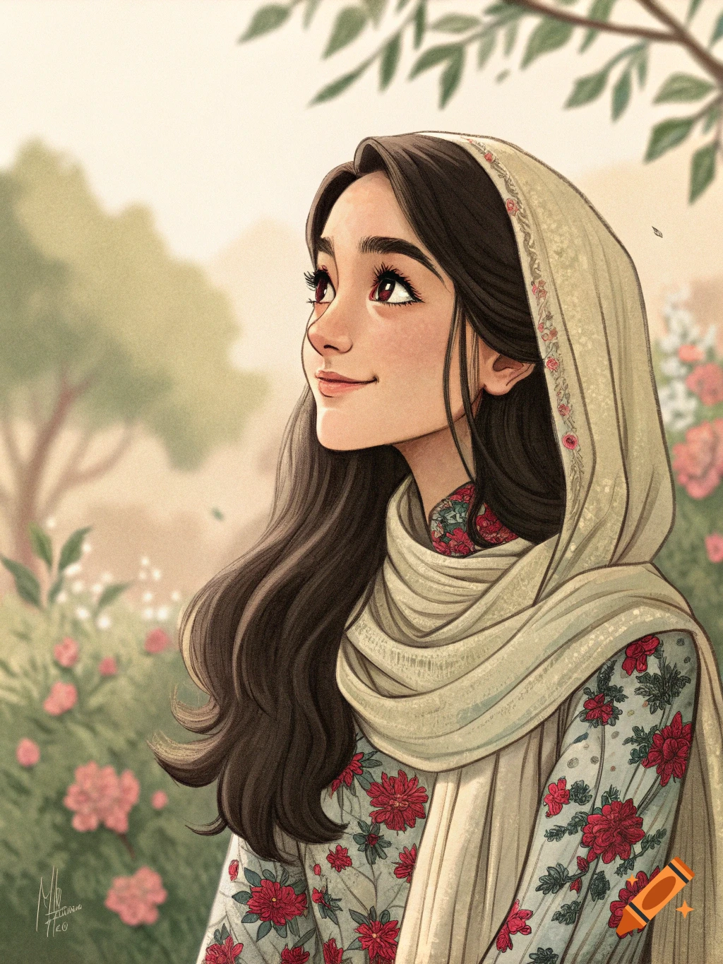 Illustration of a young woman with dark hair wearing a cream-colored headscarf and floral dress, looking up in a sunlit garden.