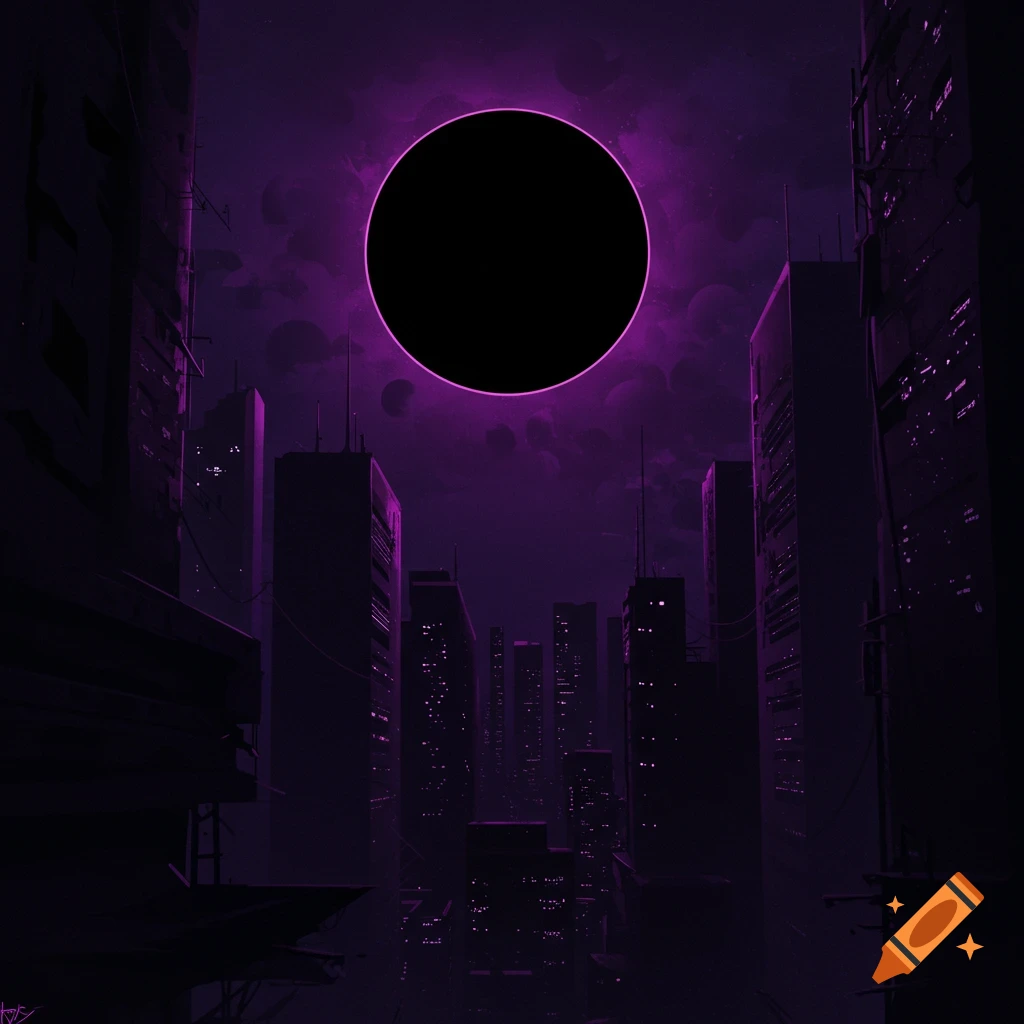 A dark city skyline under a purple sky with a black circle glowing purple.