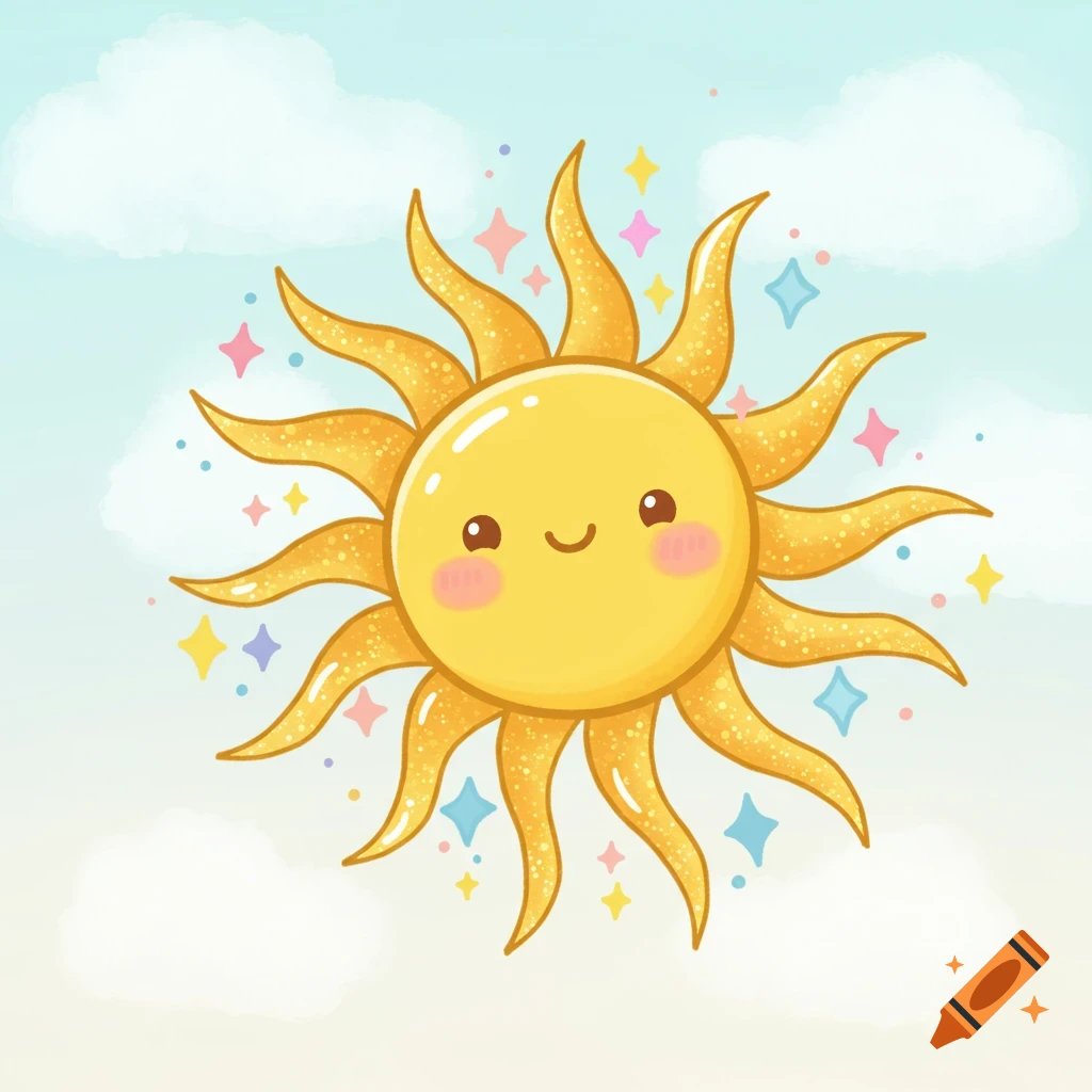 A whimsical drawing of a cute smiling sun in the sky with sparkles.