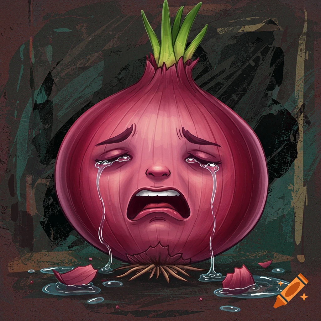 Digital illustration of a crying onion with tears splashing into puddles.