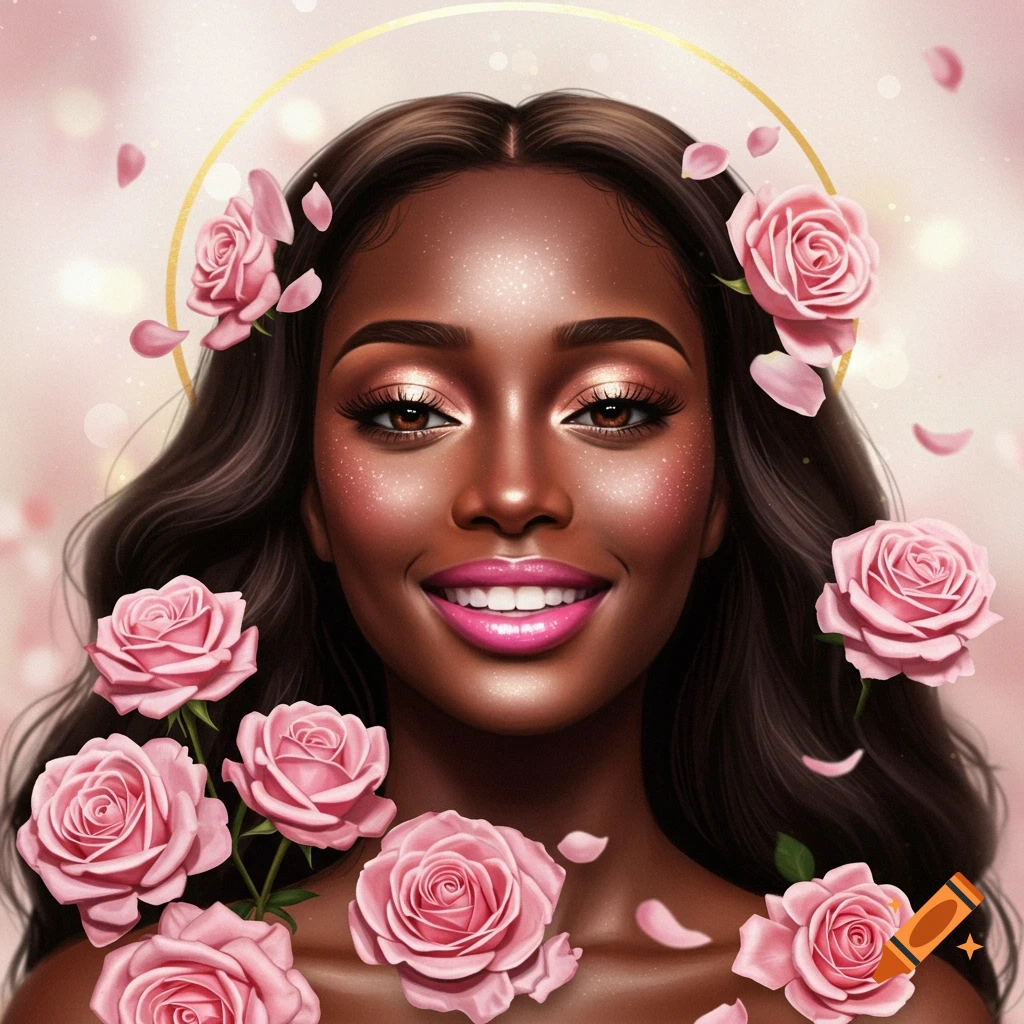 Smiling Black woman with pink lips, surrounded by pink roses and petals on a pink background with bokeh.