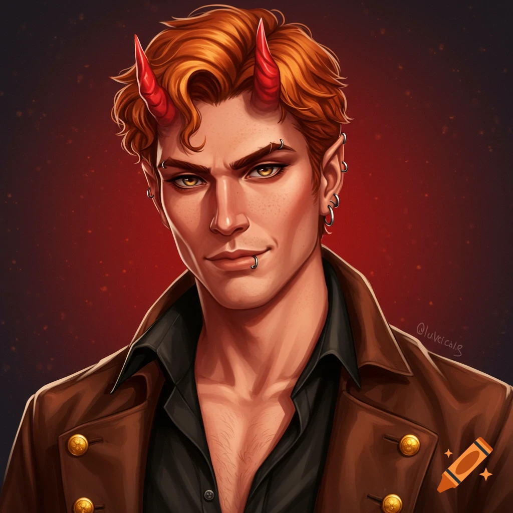 A portrait of a man with red hair, red devil horns, pointed ears, piercings, and a brown coat over a black shirt with an open neck. He has a smirk.
