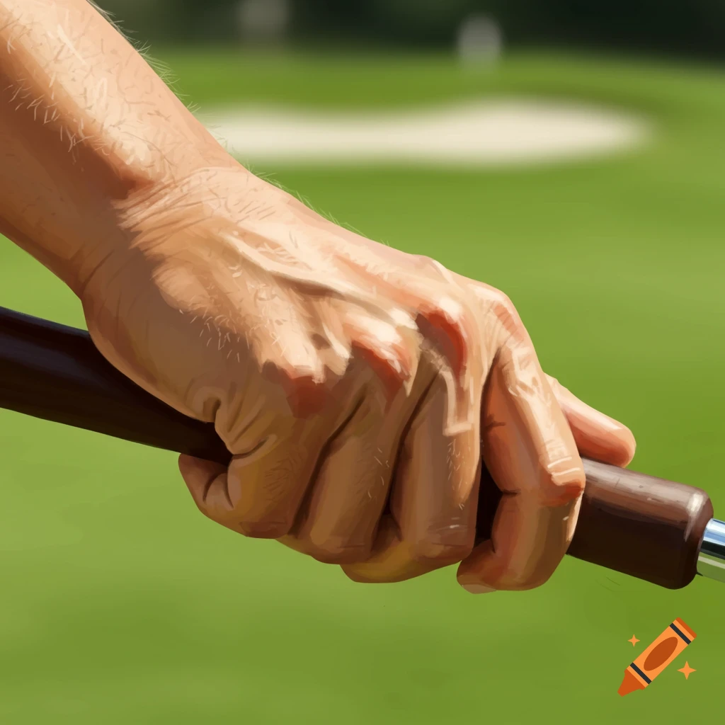 A hand grips a golf club handle on a golf course.