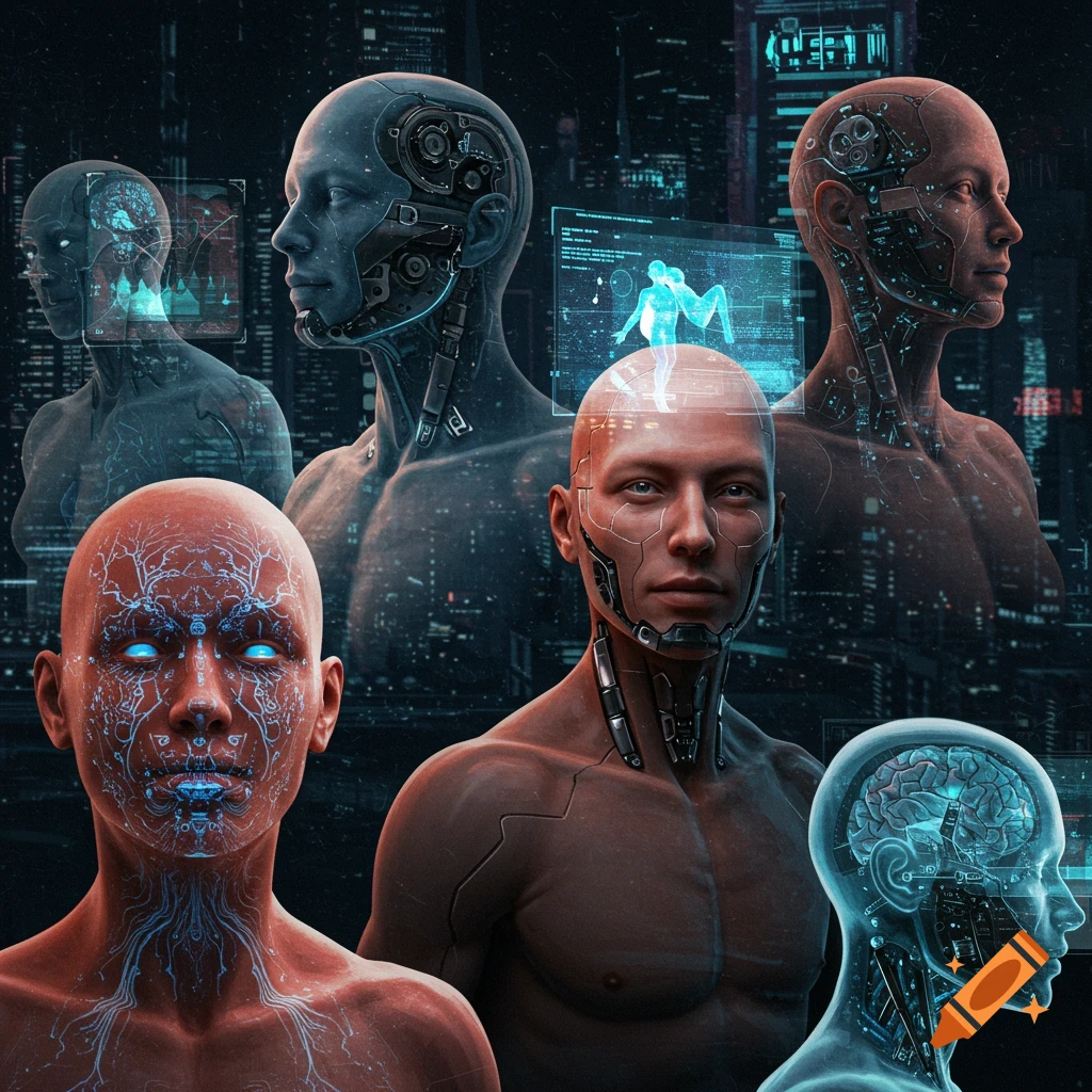 Cyborg figures and glowing technical displays against a blurry futuristic cityscape.
