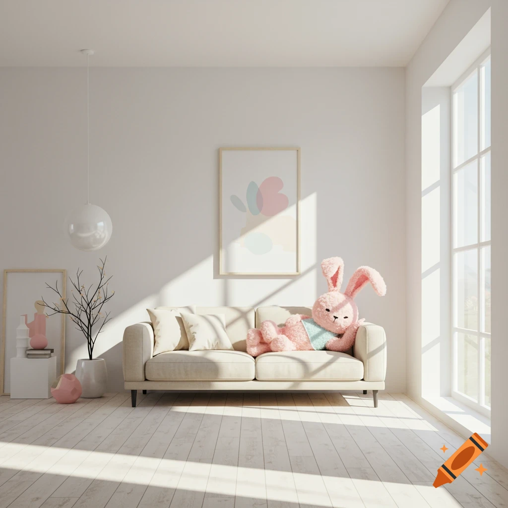 A pink stuffed bunny lies on a couch in a bright, minimalistic room with sunlight.