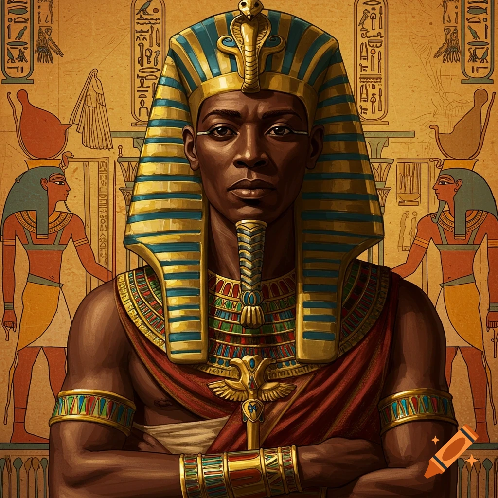 A Black Egyptian King in gold and blue headdress and ornate clothing, with hieroglyphs in the background.