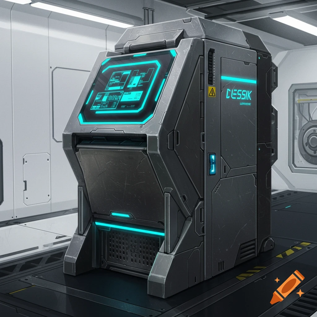 A detailed image of a futuristic grey and black machine with glowing blue screens in a sterile white room.
