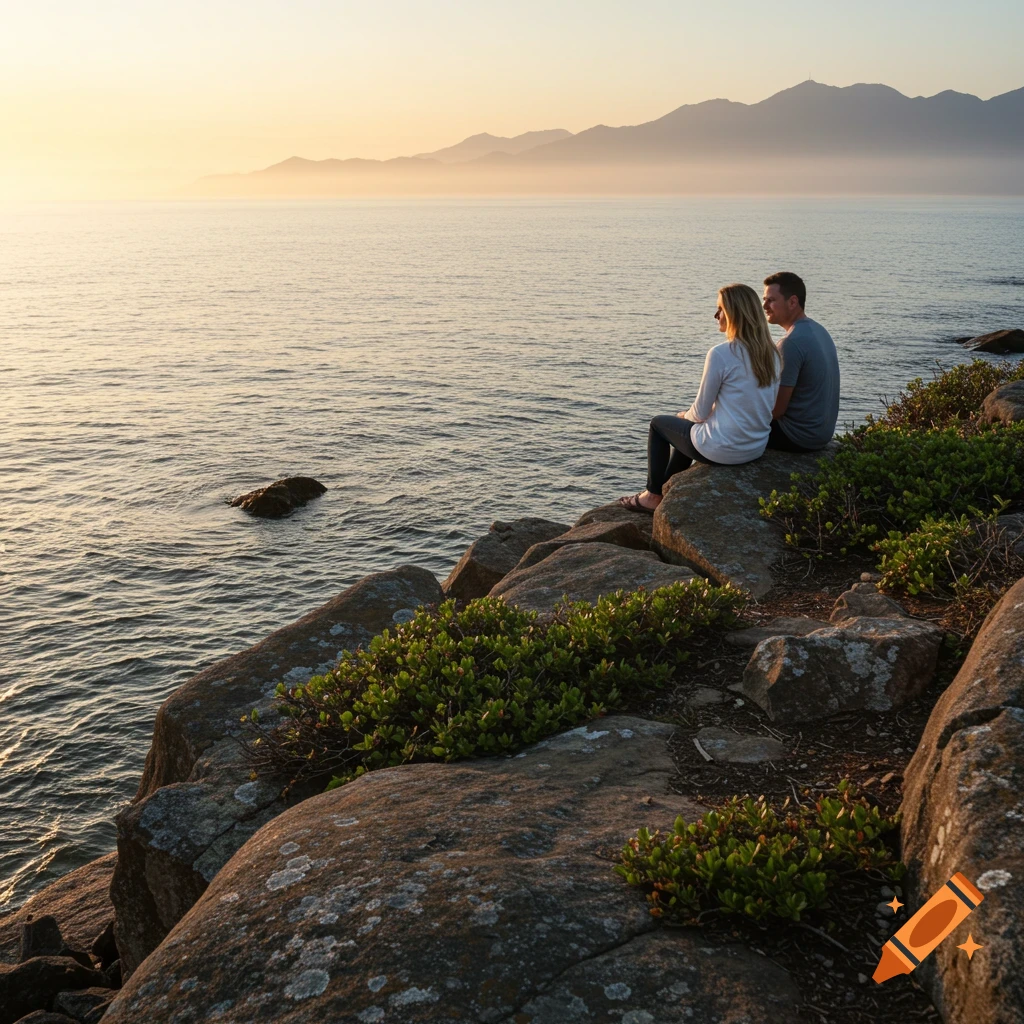 A couple sits on rocks watching the sunset over the ocean with mountains in the distance.
