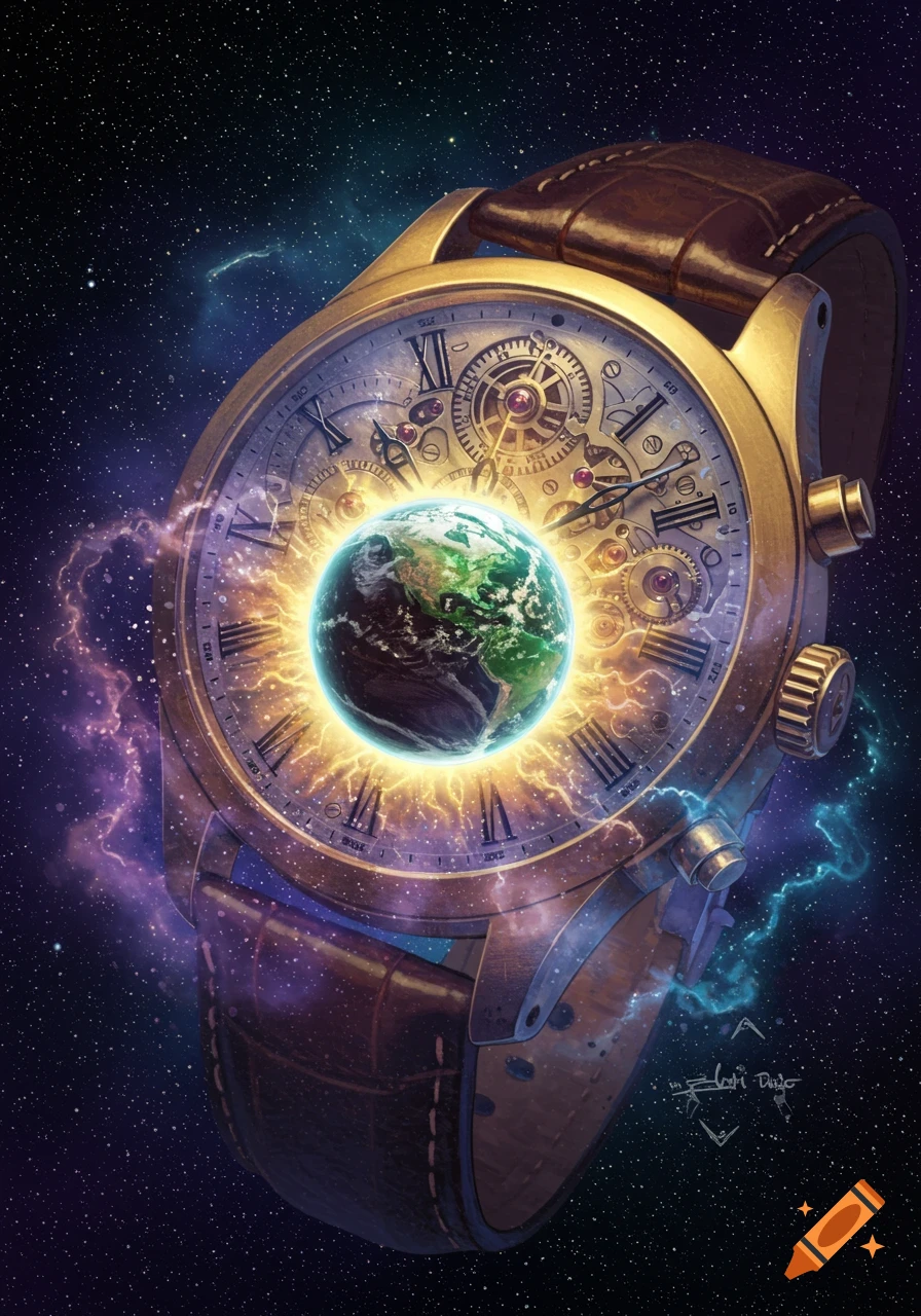 Close-up of a gold watch in space with Earth glowing in the center, surrounded by energy.