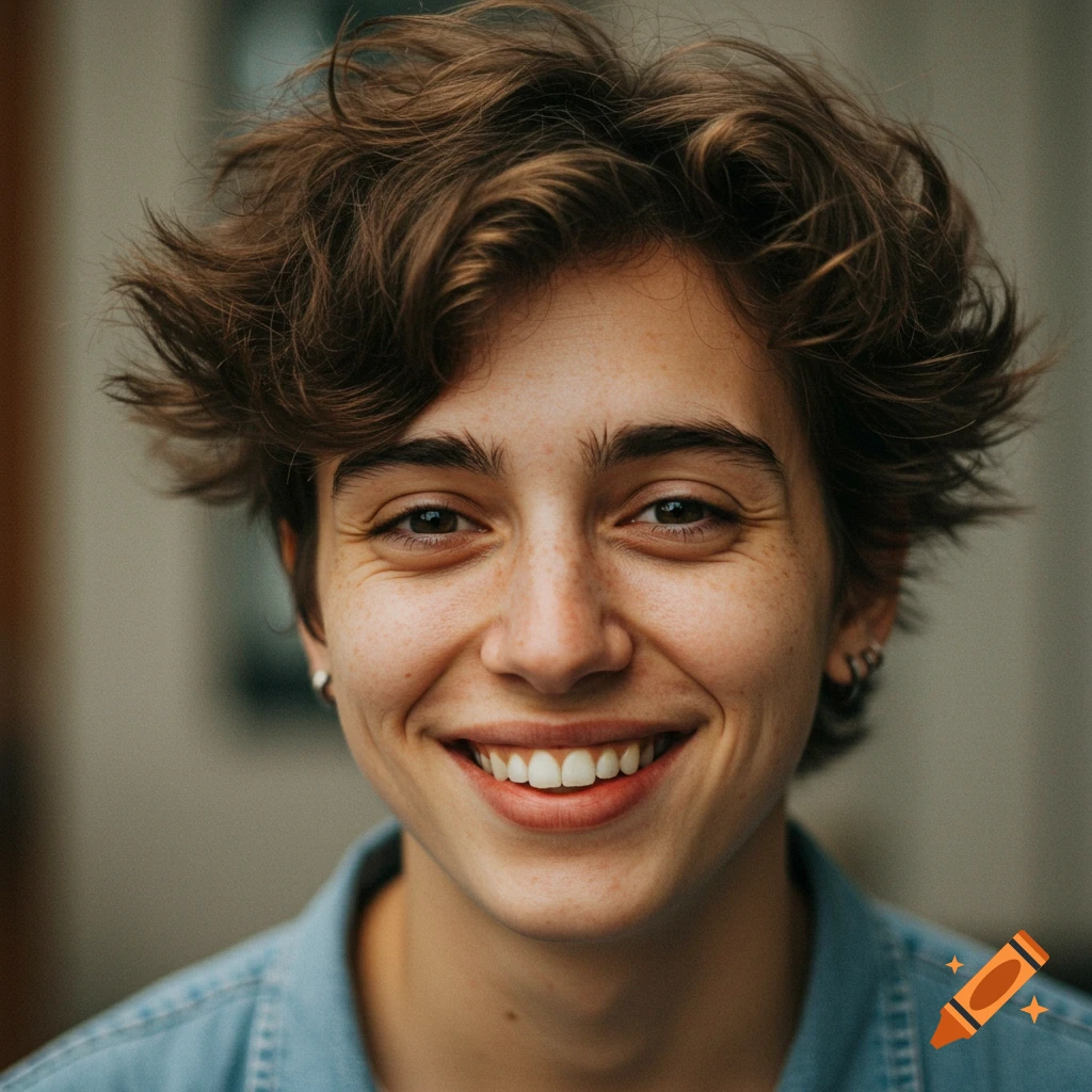 Close-up portrait of a young person smiling broadly with messy brown hair and freckles.
