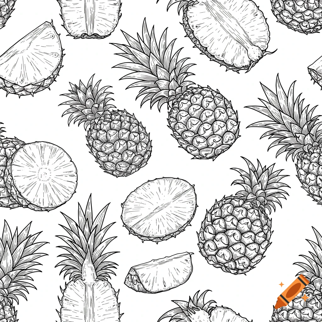 Black and white line art pattern featuring whole, halved, and sliced pineapples.