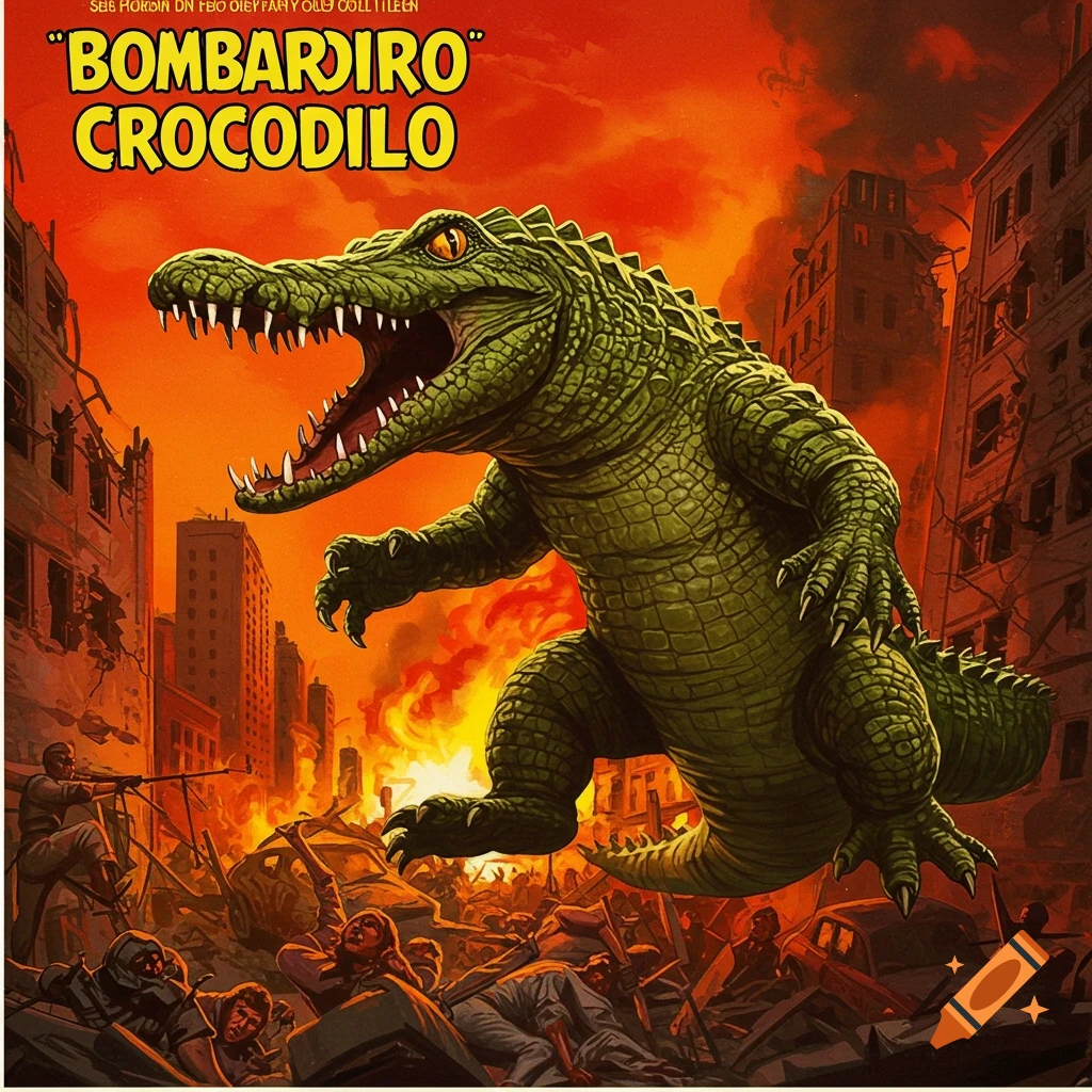 A massive green crocodile rampages through a city engulfed in flames, with the text "BOMBARDIRO CROCODILO".