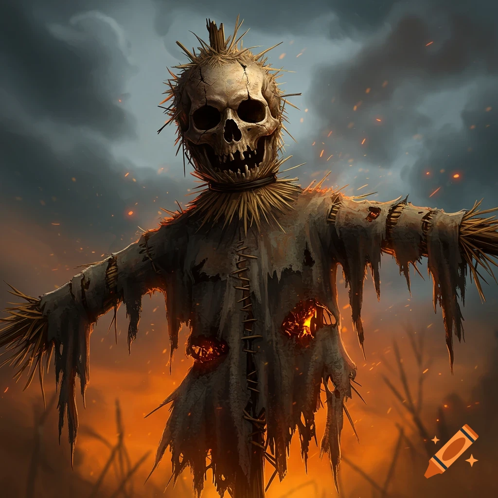 A skull-faced scarecrow stands in a field ablaze under a stormy sky.