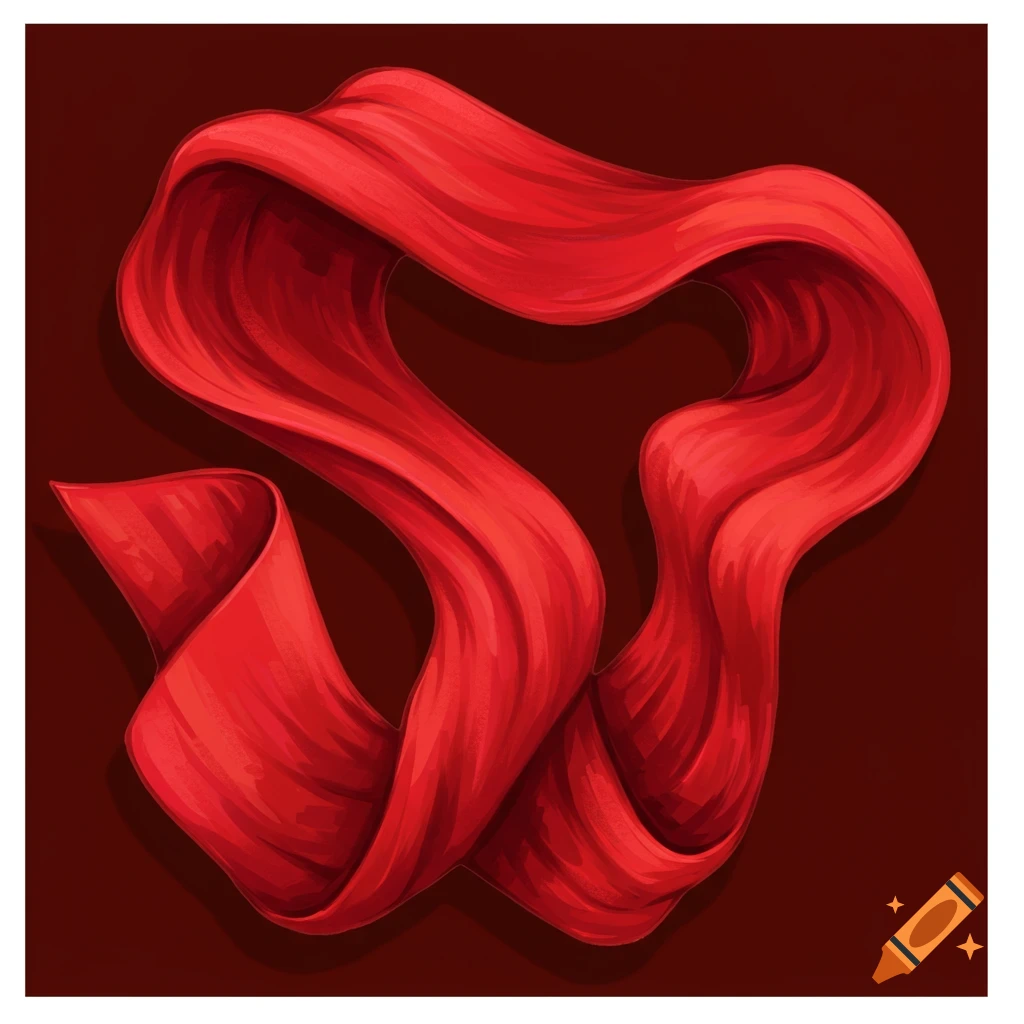 A long red ribbon forms a heart shape against a dark red background.