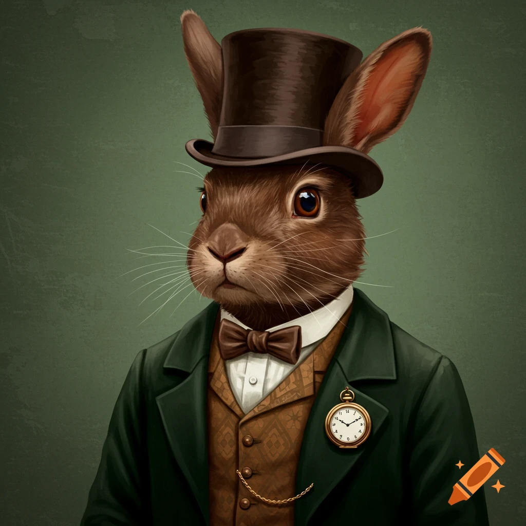 A rabbit wearing a dark green suit, top hat, and holding a pocket watch.