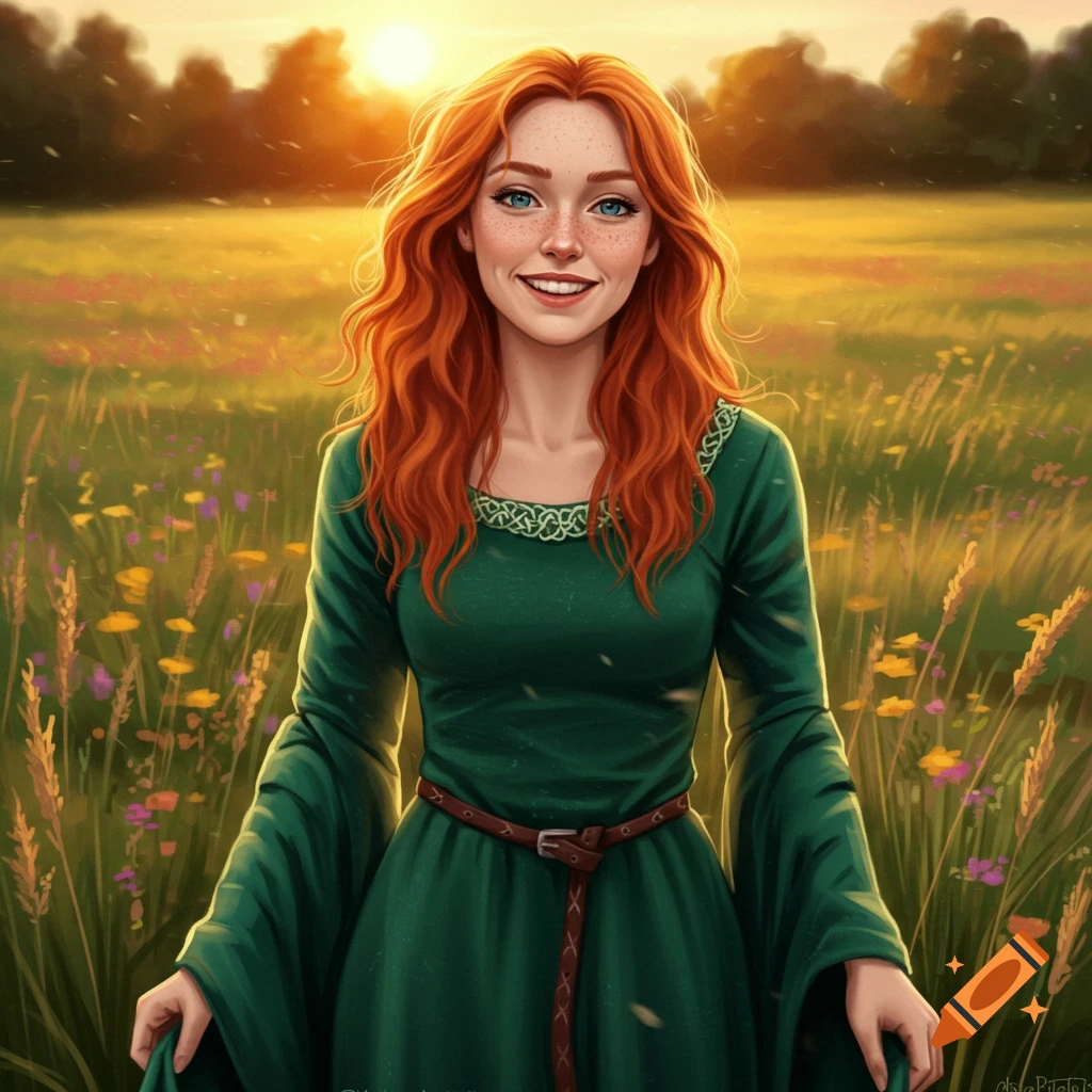 A red-haired medieval woman in a green dress is smiling in a field at sunset.