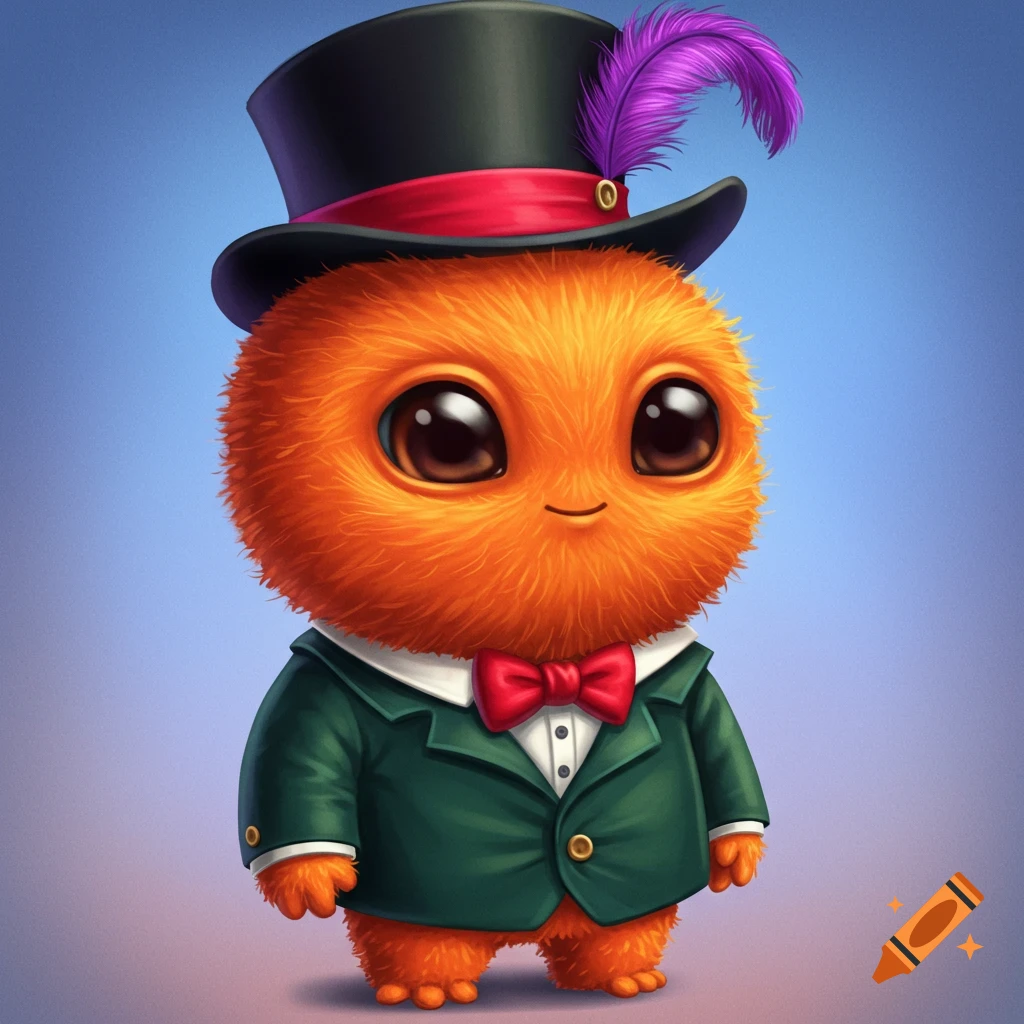 An adorable orange fuzzy creature wearing a top hat and green suit.